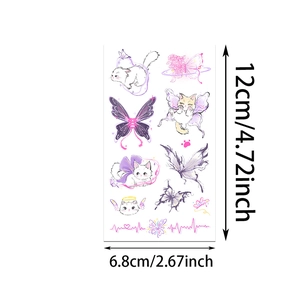 Detailed sheet of watercolor cat and butterfly tattoo stickers with size dimensions