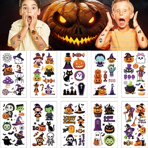 Tatouages Temporaires d'Halloween pour Enfants Citrouille Chauve-souris Crâne Fantôme Araignée Autocollants de Tatouage Imperméables