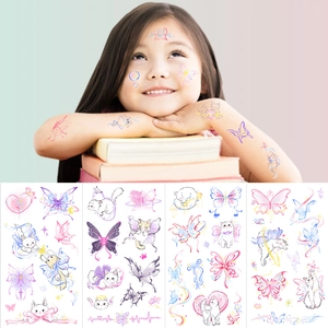 Temporary tattoo set for kids featuring watercolor cats, butterflies, and heart patterns