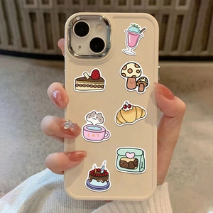 Beige phone case featuring cute hand-drawn cartoon dessert and cat stickers for iPhone