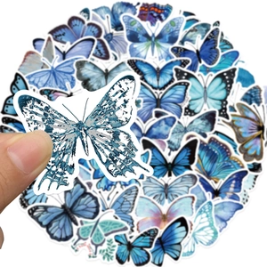 Close-up of blue butterfly stickers with waterproof PVC material for DIY scrapbooking
