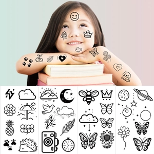 Waterproof cartoon line temporary tattoos for kids featuring hearts, stars, and cute animals