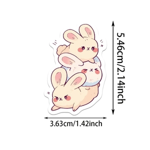 Detailed dimension guide for cute cartoon bunny stickers showing size in inches and cm