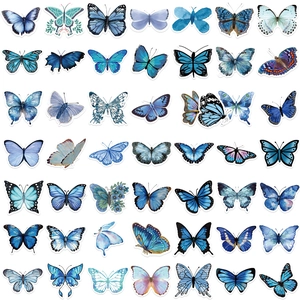 Detail view of 49 unique blue butterfly stickers in a 7x7 matrix waterproof PVC set