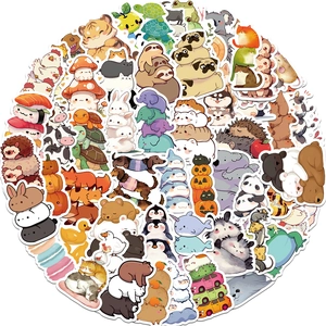 Close-up of 50 adorable cartoon animal stickers in a stackable round arrangement