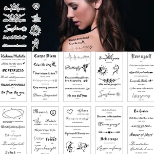 10 Sheets Set Inspirational English Letters Temporary Tattoo Stickers Minimalist Black Line Body Art Stickers For Women Men Party