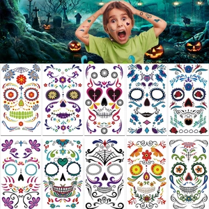 Halloween Ημέρα Των Νεκρών Προσωρινά Αυτοκόλλητα Τατουάζ Προσώπου Κρανίο Ζάχαρης Ανθικό Ιστός Αράχνης Μακιγιάζ Πάρτι