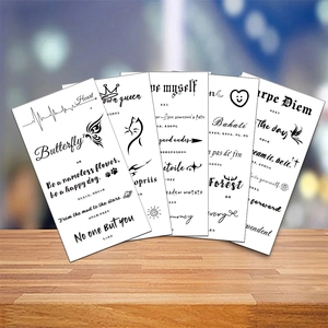 Set of 5 minimalist black ink temporary tattoos with quotes and butterfly patterns
