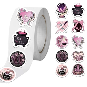 Pastel Goth Stickers Roll 500 Sheets 10 Patterns Pink Black Skull Heart Cauldron Decorative Self Adhesive Label For Journaling