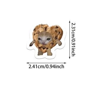 Heart-shaped sad cat cookie sticker with white border and 0.94 inch size dimensions