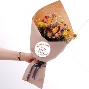 Cute pink cat paw thank you stickers on dried flower gift bouquet packaging for decoration
