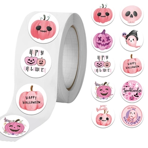 Cute Pink Halloween Sticker Roll Cartoon Pumpkin Ghost Skull Decorative Sealing Labels For DIY Scrapbooking Gift Wrapping Decor