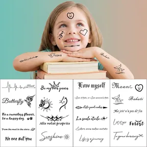 Minimalist temporary tattoo set with inspirational phrases, hearts, and butterfly icons