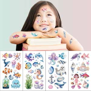 Cartoon ocean world temporary tattoo stickers set with fish and mermaid for kids
