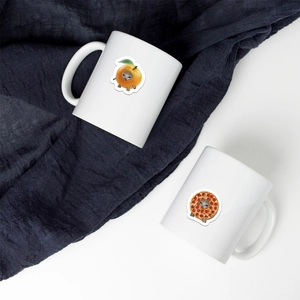 Funny cat meme ceramic mugs featuring orange and pizza cats on white and blue background