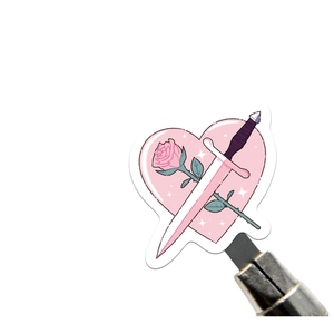 Pink heart sticker with rose and sword design for journals and gift sealing