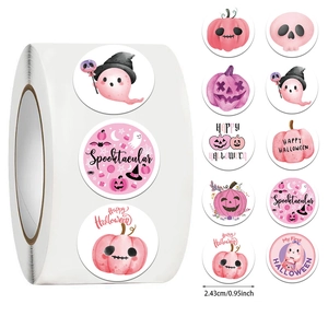 Detail showing 0.95-inch pink Halloween cartoon stickers with ghosts and pumpkins