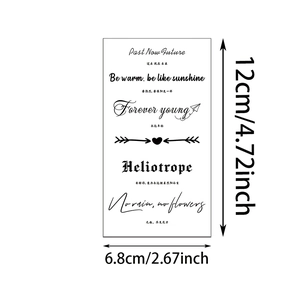 Detail view of inspirational tattoo stickers with dimensions and diverse English quotes
