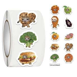 Detail of cute cat meme stickers roll with food motifs and 2.41cm diameter measurement