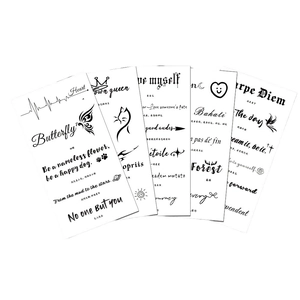 Minimalist temporary tattoo stickers with butterfly and inspirational quotes on white