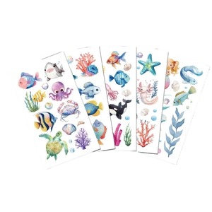 5 sheets of watercolor sea animal temporary tattoos featuring sharks, turtles, and crabs