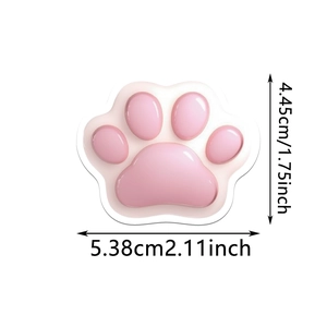 Detail showing dimensions of a 3D pink cat paw sticker with glossy silicone texture