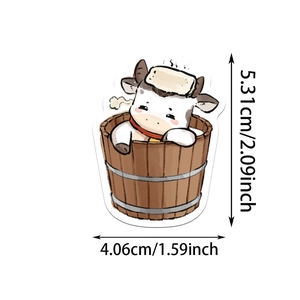 Detaillierte Maße eines süßen Comic Kuh Stickers beim Baden im Aquarell Design