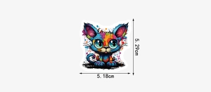 Detailed dimensions of 5.29cm by 5.18cm for colorful graffiti cat waterproof sticker