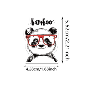 Close-up of a panda sticker with bamboo text and red glasses showing specific dimensions