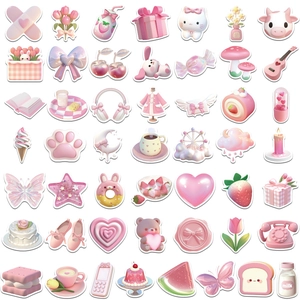 Set of 50 pink 3D Korean style stickers featuring cute animals and food for decoration