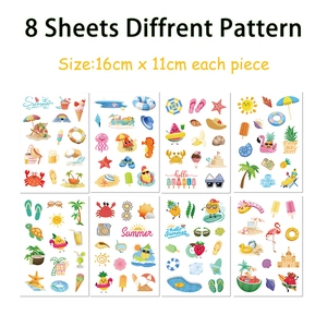 Set of 8 waterproof cartoon beach theme stickers featuring ocean animals and summer motifs