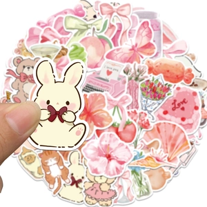 50 autocollants roses imperméables avec lapins et cœurs pour décoration DIY