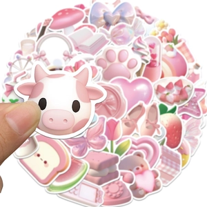 50 pieces of 3D pink Korean cartoon stickers with cute cow and strawberry designs