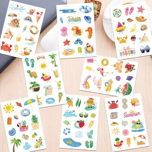 7-piece set of cartoon summer beach stickers featuring ocean animals and vacation icons
