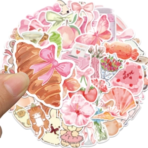 Lot de 50 autocollants de dessin animé roses avec motifs faits main pour décoration DIY