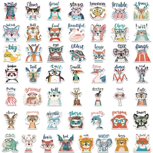 50-piece set of cartoon animal stickers with glasses and personality adjectives