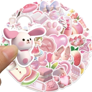 50pcs cute pink 3D Korean doodle stickers featuring rabbits and flowers for DIY journals