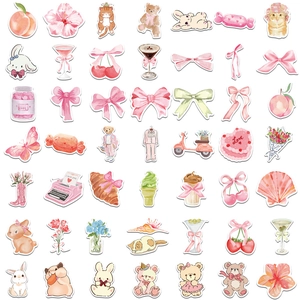 Lot de 50 autocollants aquarelle roses avec des animaux mignons et des desserts