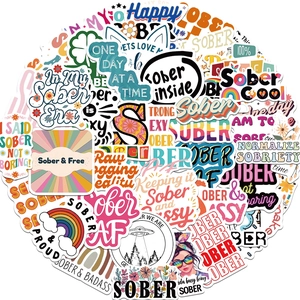 Variety pack of sobriety stickers with motivational quotes and colorful retro designs