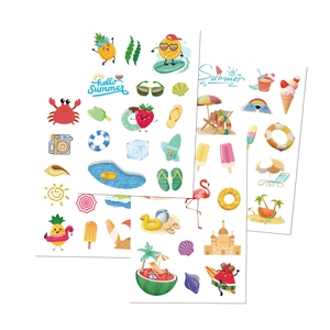 Set of 8 waterproof cartoon beach stickers with summer fruit and sea animal patterns