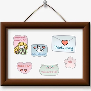 Cute set of 8 holiday themed cartoon stickers for journals and mugs on wooden background