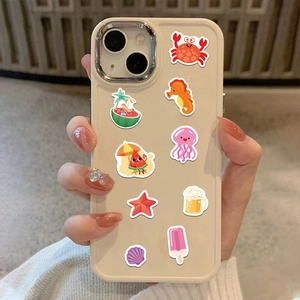 Detail of cream iPhone case featuring colorful summer ocean stickers and waterproof design