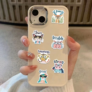 Beige matte silicone phone case featuring cartoon animals and creative word stickers