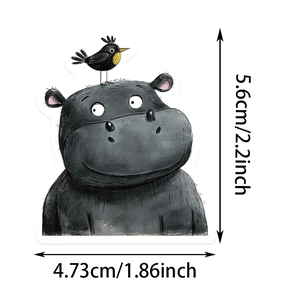 Detailed dimension guide for cute hippo and bird waterproof animal stickers in 2.2 inch size