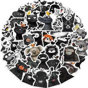 Close-up of hand-drawn animal stickers with black lines and vibrant orange accents