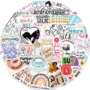 Close-up of waterproof breastfeeding and lactation stickers for water bottles and laptops