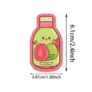 Detailed view of guava juice bottle sticker with cute face and dimensions 6.1cm by 3.47cm