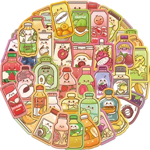 Detailed view of colorful cartoon fruit drink stickers with cute hand-drawn designs