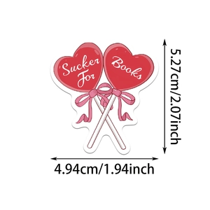 Detailed dimension guide for Sucker For Books sticker with heart lollipops and bow