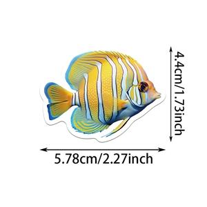 Detail showing tropical fish cartoon sticker size 5.78cm x 4.4cm with waterproof finish